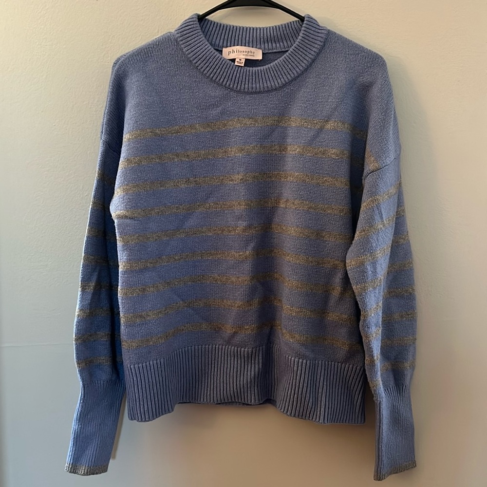 Philosophy MD Purple Periwinkle Light Heather Grey Stripped HeavyKnit Sweater